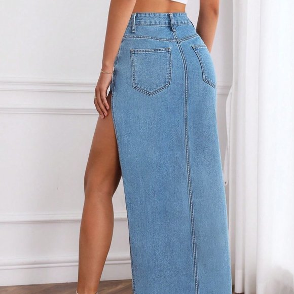 Blue Casual Womens Solid Split Thigh Denim Skirt - Picture 4 of 5